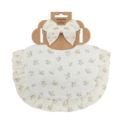 2Pcs/Set Ruffled Edge Muslin Cotton Baby Bibs Hair Bows Girls Headbands Flower Print Saliva Towel Feeding Burp Cloths Scarf