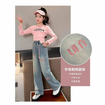 New Girls Letter Jeans Spring Autumn Kids Loose Fashion Casual Trousers Children Temperament Elastic Straight Pants 2-12 Years