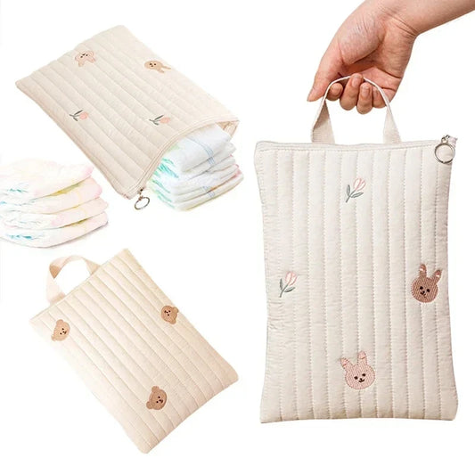 Cotton Mommy Bag Baby Diaper Bag Nappy Caddy Pouch Portable Stroller Storage Bag Cute Bear Embroidery Purse Baby Organizer