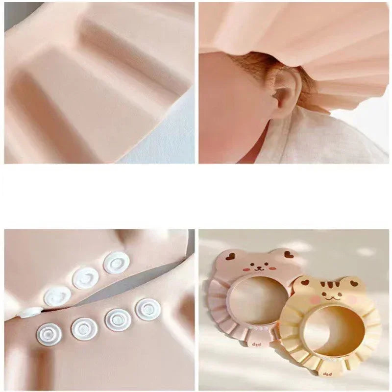 Cute Bear Adjustable Shower Cap Baby Eyes-Protected Ears-Protected Infant Bathing Protection Hat Soft Baby Hair Washing Hat