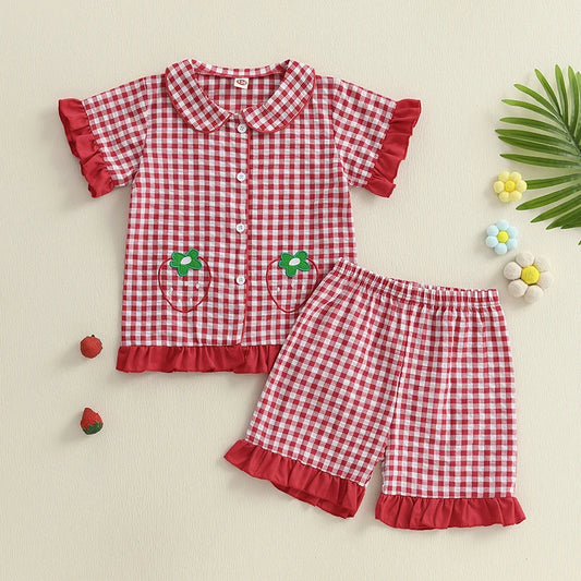 Girls Pajama Set with Cute Unicorn Print and Ruffle Trim Short Sleeve Tops and Shorts 2 Piece Lounge Suit Sleepwear for Kids