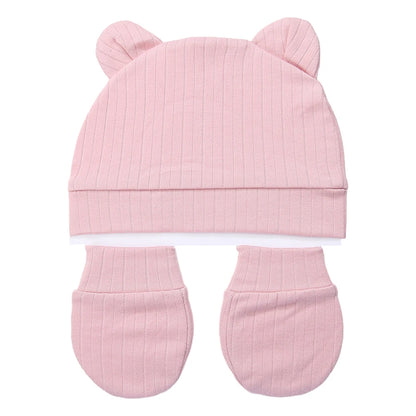 3Pcs/Set Cute Cotton Baby Hats Newborn Bonnet Gloves Mittens Beanies Bear Ear Shape Gift Photo Props Infant 0-3M Clothing