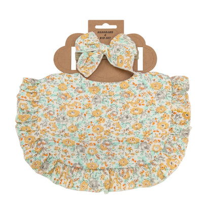 2Pcs/Set Ruffled Edge Muslin Cotton Baby Bibs Hair Bows Girls Headbands Flower Print Saliva Towel Feeding Burp Cloths Scarf