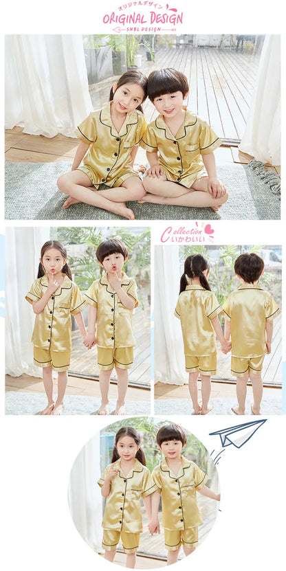 2024 New Summer Children Clothes Pajama Set Stain Silk Soft Solid Color Comfortable Clothing Kids Girls Boys Pajamas Sleepwear