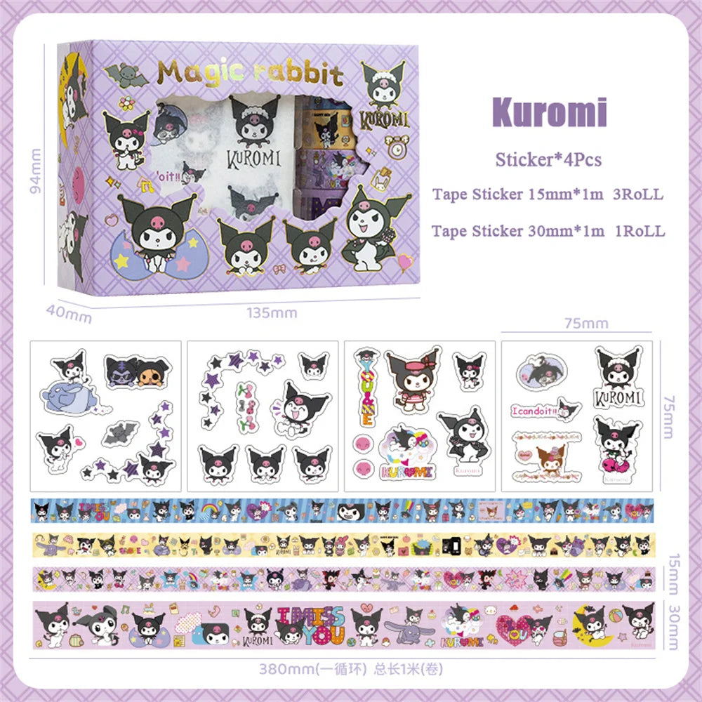 Sanrio Hello Kitty Cinnamoroll Kuromi Sticker Roll Gift Box Cute My Melody Pompompurin Hand Acount Tape Stickers Decal Kids Toys