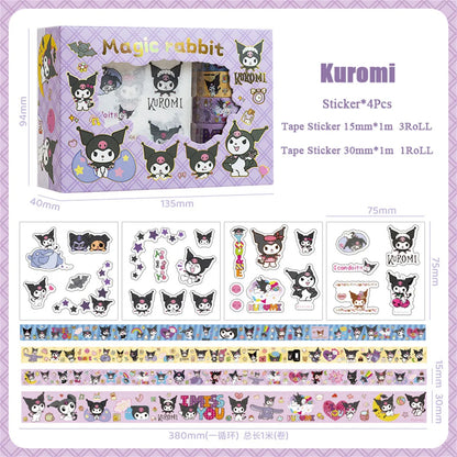 Sanrio Hello Kitty Cinnamoroll Kuromi Sticker Roll Gift Box Cute My Melody Pompompurin Hand Acount Tape Stickers Decal Kids Toys