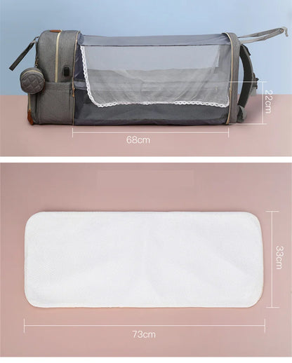Folding Mommy Bag with USB Port and Shade Cloth Mosquito Net Portable Folding Crib Bed Multi Function Pee Pad Mother Baby Bag