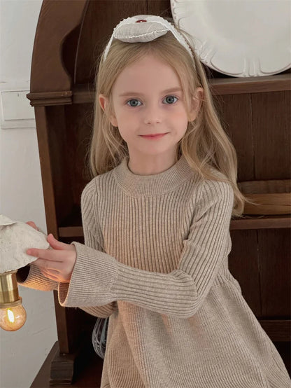 Girls Knitted Dress 2024 Autumn Winter New Children Gown Princess Solid Color Vestidos Kids Fashion Sweater Dresses Baby Clothes
