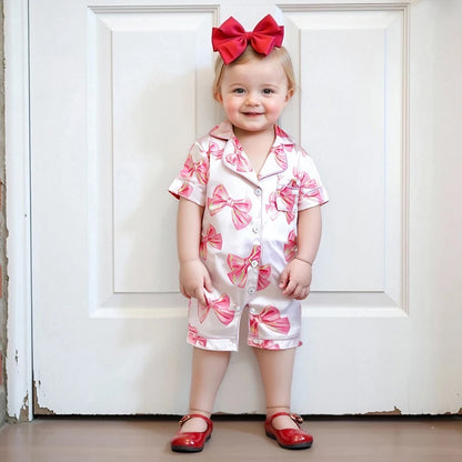 Adorable Infant Princess Bow Satin Pajama Set with Short Sleeves Button-up Shorts and Jumpsuit for Sweet Toddler Bedtime