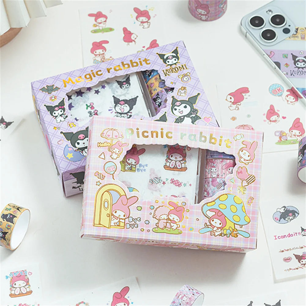 Sanrio Hello Kitty Cinnamoroll Kuromi Sticker Roll Gift Box Cute My Melody Pompompurin Hand Acount Tape Stickers Decal Kids Toys