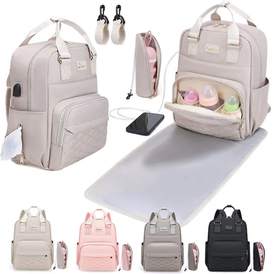 New Mommy Diaper Bags with Diaper Pad Nursing Bags Maternity USB Multifunctional Portable Large Baby Stroller Hanging Bag