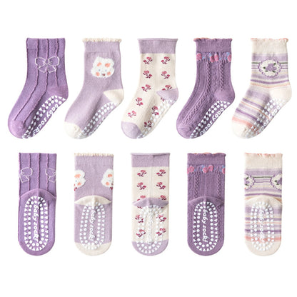 5 pairs of children's mid tube socks, spring and autumn adhesive point floor socks, playground anti slip socks, trampoline socks