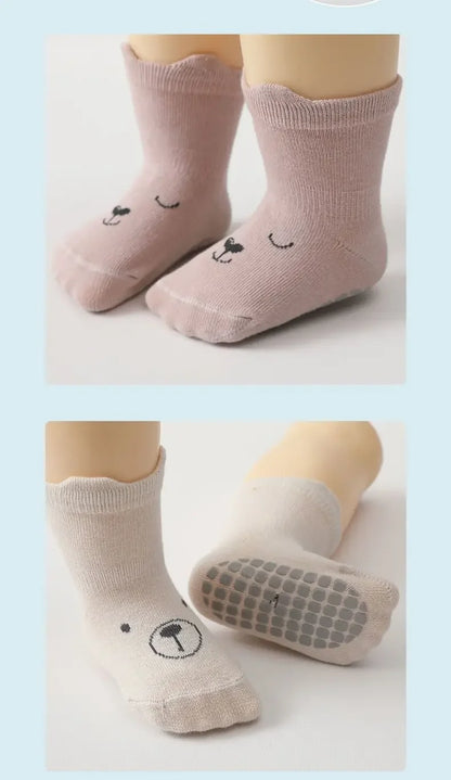 5 Pairs/lot Baby Non Slip Floor Sock 5colored Of Bear Print Infant Girl Cotton Socks Solid Autumn Anti Slip Children's Knee Sock