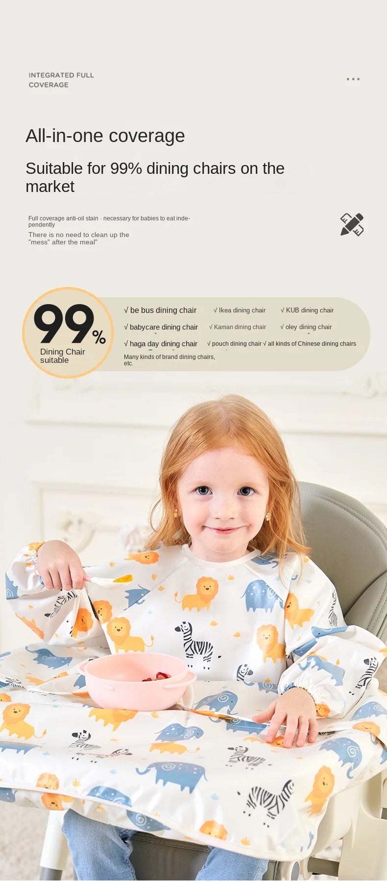 Clean Feeding Bib for Baby Boys Girl 8M-5Y Waterproof Bib Apron Smock with Table Cover Infant Mess-Free Kids Full Coverage Bib