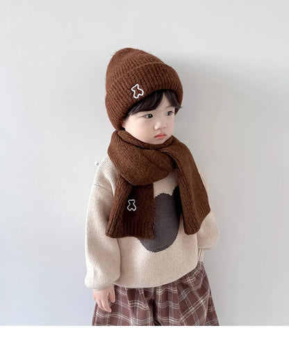 2024 New Fashion Warm Hat Scarf Set for Kids Boy Girl Chic Cartoon Bear Knitted Hat Scarf Autumn Winter Warm Beanie Scarf Set