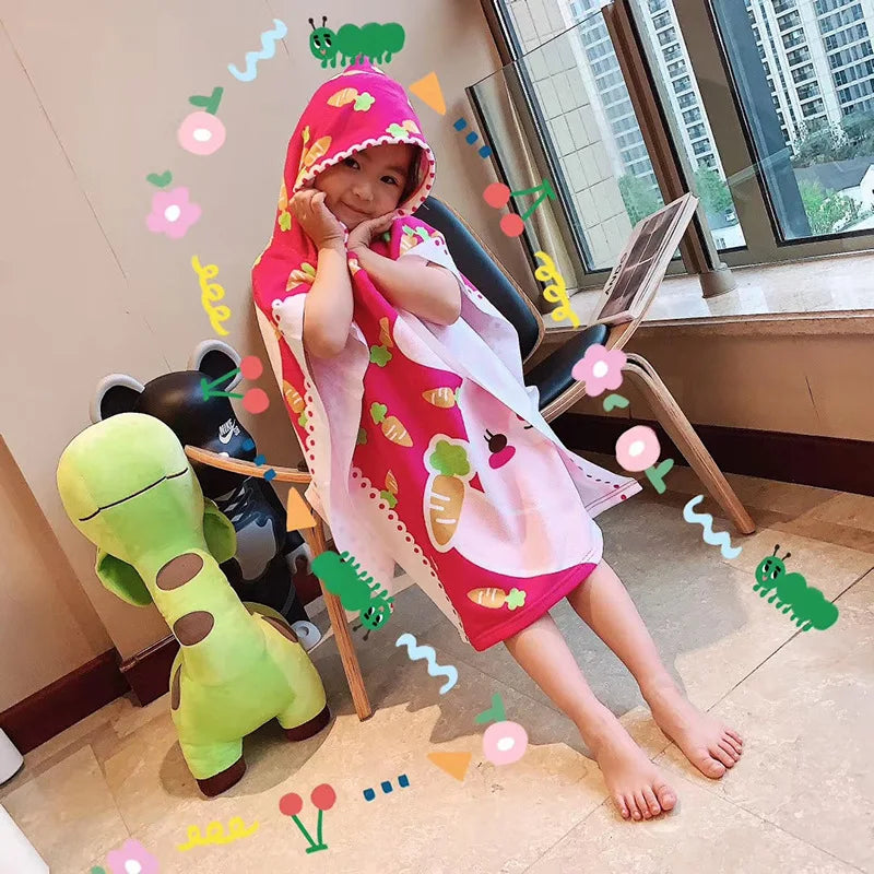80-130cm Kids Hooded Bath Beach Poncho Towels Baby Quick Dry Bathrobe Child Cartoon Poncho Towels Microfiber Swim Cover-ups