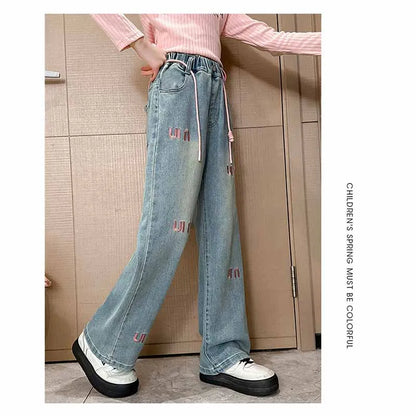 New Girls Letter Jeans Spring Autumn Kids Loose Fashion Casual Trousers Children Temperament Elastic Straight Pants 2-12 Years