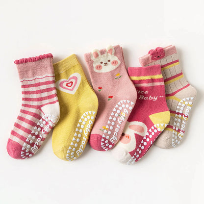5 pairs of children's mid tube socks, spring and autumn adhesive point floor socks, playground anti slip socks, trampoline socks