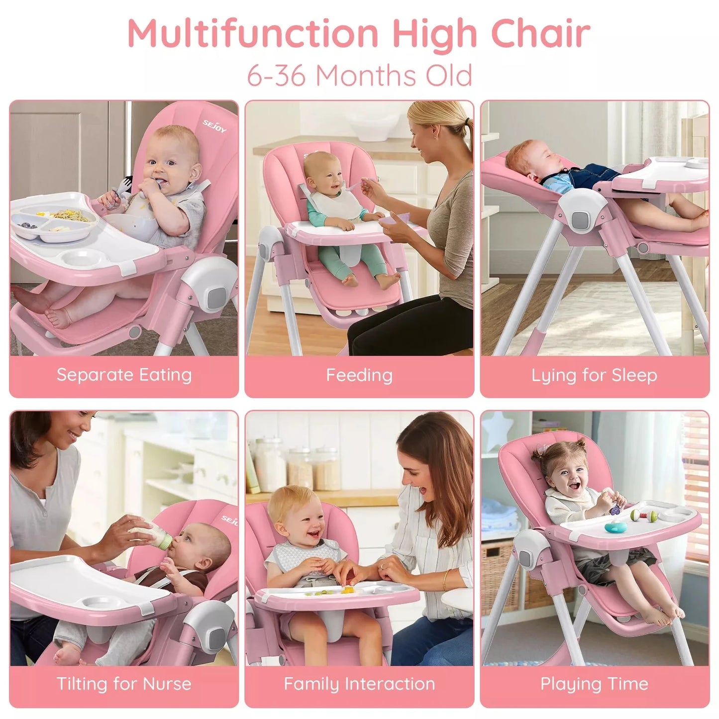 SEJOY Baby High Chair Infants Folding Convertible Removable Tray Adjustable Seat