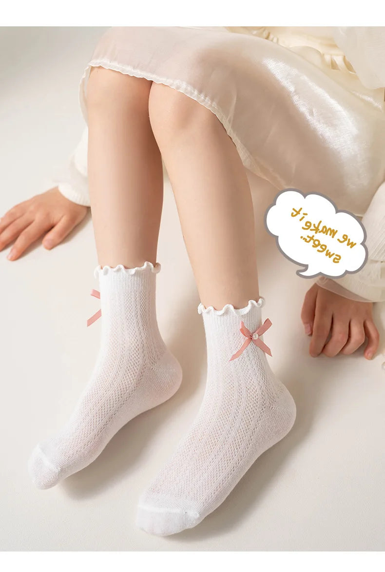 3 Pairs/lot Kids Socks Bowknot Princess Spring Summer Cotton Girls Socks Cute  Children Baby Little Girl Clothing Accessories