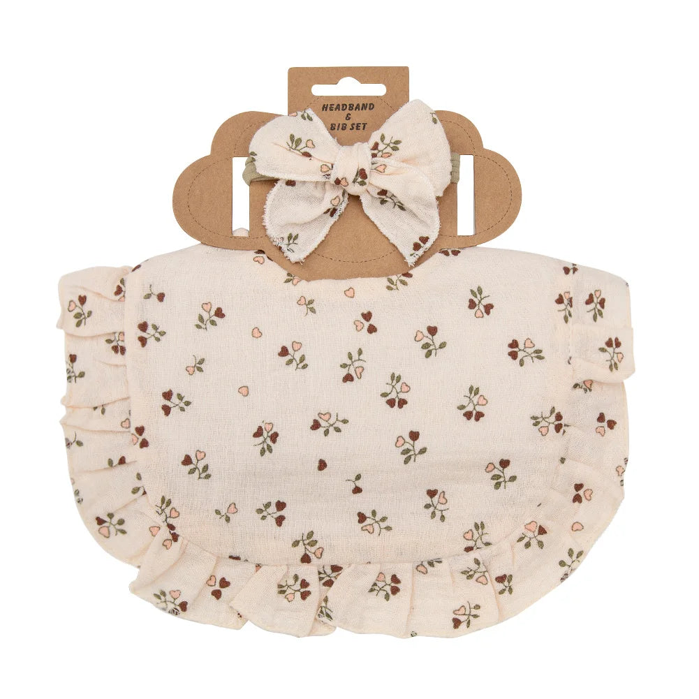2Pcs/Set Ruffled Edge Muslin Cotton Baby Bibs Hair Bows Girls Headbands Flower Print Saliva Towel Feeding Burp Cloths Scarf