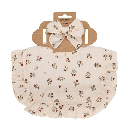 2Pcs/Set Ruffled Edge Muslin Cotton Baby Bibs Hair Bows Girls Headbands Flower Print Saliva Towel Feeding Burp Cloths Scarf