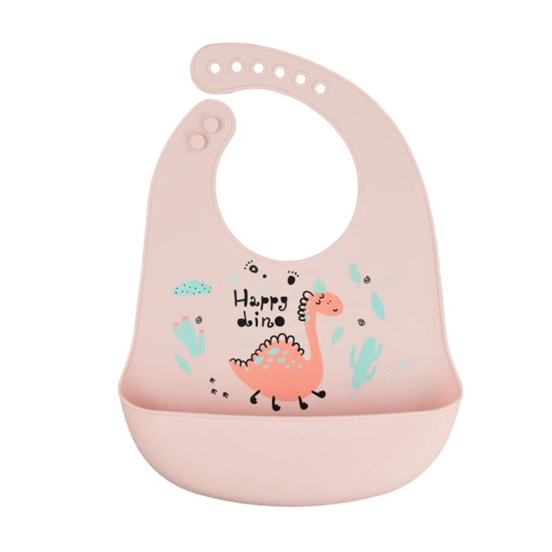 Cartoon Waterproof Soft Silicone Baby Bibs Adjustable Toddler Feeding Food Catcher Roll up Pocket Feeding Stuff Apron