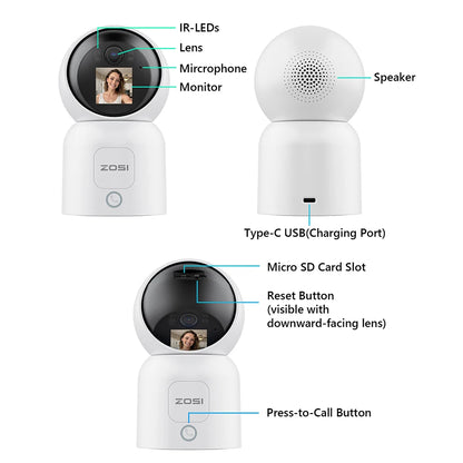 ZOSI C519M 4MP HD Indoor Baby Monitor 1.44 Inch Screen 2.4G/5G WiFi Video Call Auto Tracking Wireless IP Smart Surveillance Cam