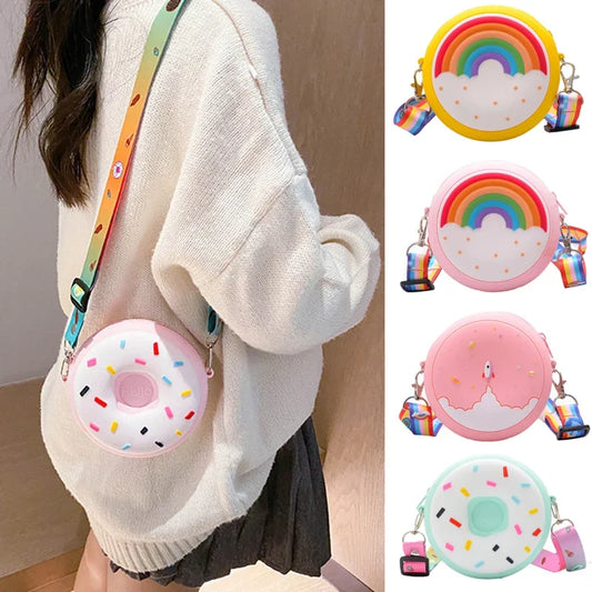 Round Donut Crossbody Bag Child Child Girl Children Shoulder Bag Adjustable Strap Vacation Travel Rainbow Printed Pocket Package