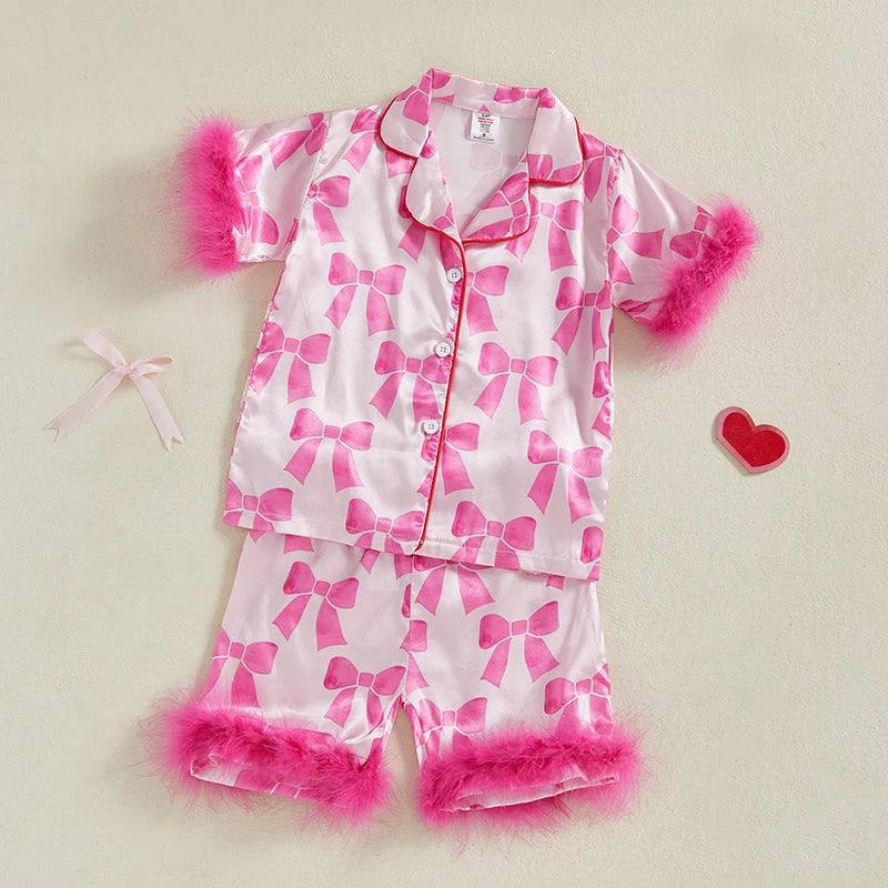 Children s Girls Pajama Set Lobster Polka Dot Print Short Sleeve Top with Elastic Waist Shorts Sleepwear for Kids