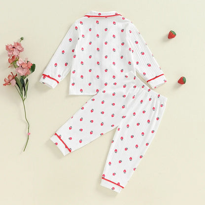 Kids Girls Autumn Pajama Sets Long Sleeve Lapel Strawberry Print Shirt Pants 2 Pieces Loose Sleepwear Nightgown