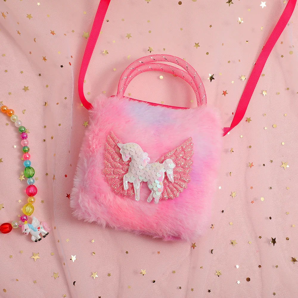 Unicorn Cartoon Plush Shoulder Bag for Kids Crossbody Bag for Kindergarten Girls Portable Outdoor Small Square Coin Bag Wallet