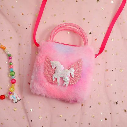Unicorn Cartoon Plush Shoulder Bag for Kids Crossbody Bag for Kindergarten Girls Portable Outdoor Small Square Coin Bag Wallet