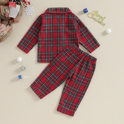 2023-08-17 Lioraitiin 6M-4Y Kids Christmas Pajamas Set Plaid Button up Long Sleeve Shirt and Elastic Pants Loungewear Sleepwear