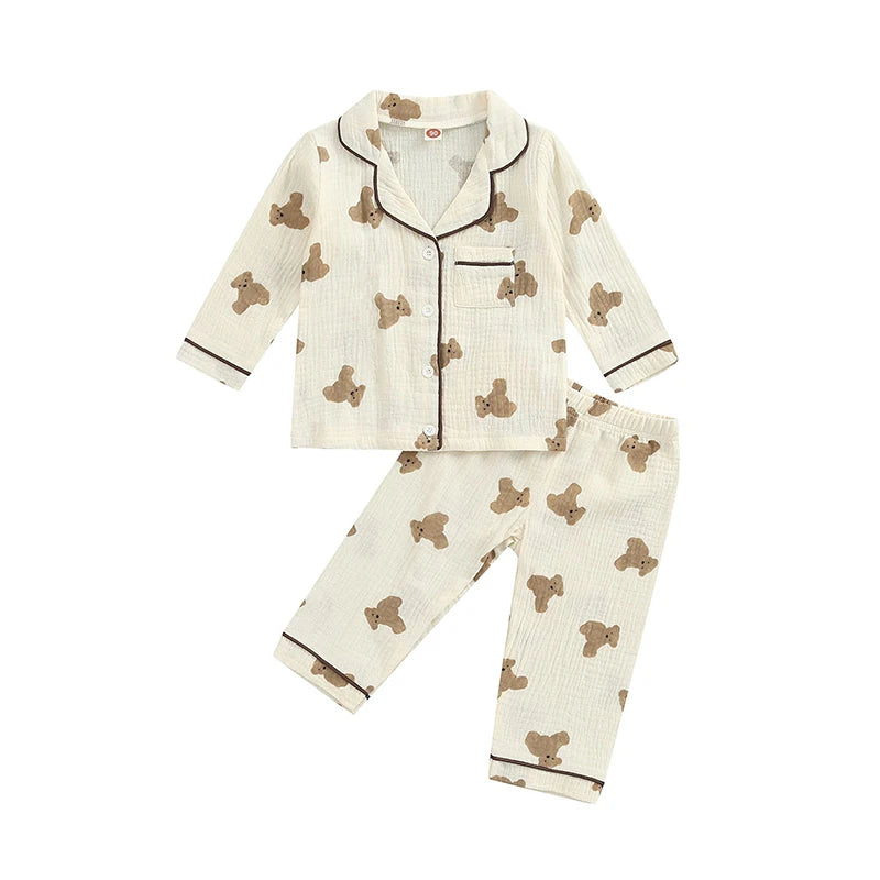 VISgogo Kids Unisex Cotton Linen Pajama Suit Bear Print Long Sleeve Front Pocket Lapel Tops Long Pants Spring Clothes Casual Set