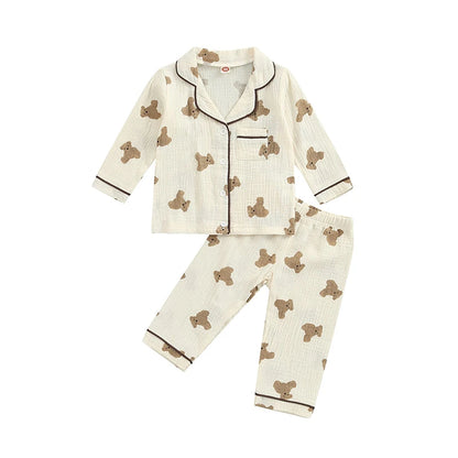 VISgogo Kids Unisex Cotton Linen Pajama Suit Bear Print Long Sleeve Front Pocket Lapel Tops Long Pants Spring Clothes Casual Set