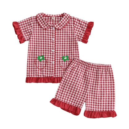 Girls Pajama Set with Cute Unicorn Print and Ruffle Trim Short Sleeve Tops and Shorts 2 Piece Lounge Suit Sleepwear for Kids
