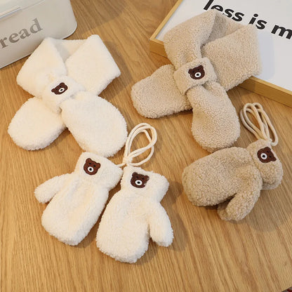 Bear Winter Baby Scarf Gloves Set Faux Lamb Wool Korean Warm Kids Neck Warmer Mittens Children Boys Girls Accessories 2-6Y