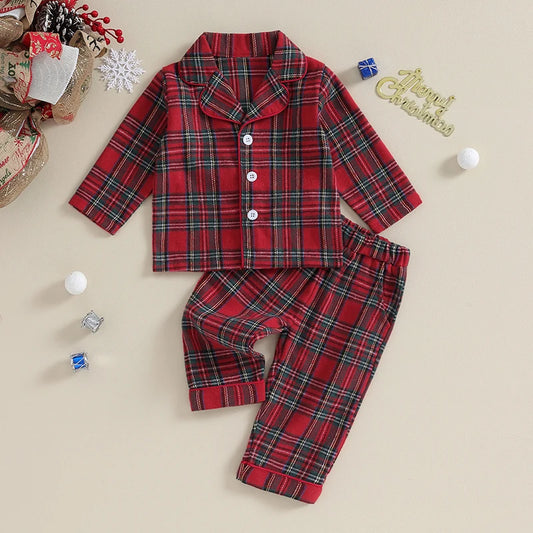 2023-08-17 Lioraitiin 6M-4Y Kids Christmas Pajamas Set Plaid Button up Long Sleeve Shirt and Elastic Pants Loungewear Sleepwear