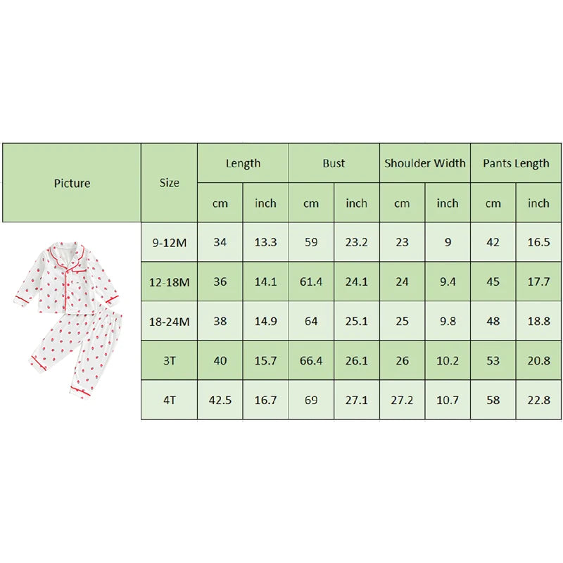 Kids Girls Autumn Pajama Sets Long Sleeve Lapel Strawberry Print Shirt Pants 2 Pieces Loose Sleepwear Nightgown