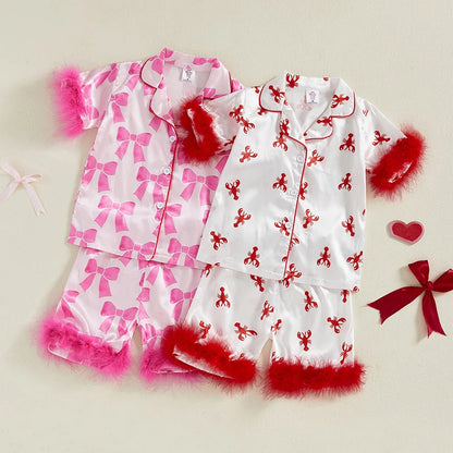 Children s Girls Pajama Set Lobster Polka Dot Print Short Sleeve Top with Elastic Waist Shorts Sleepwear for Kids