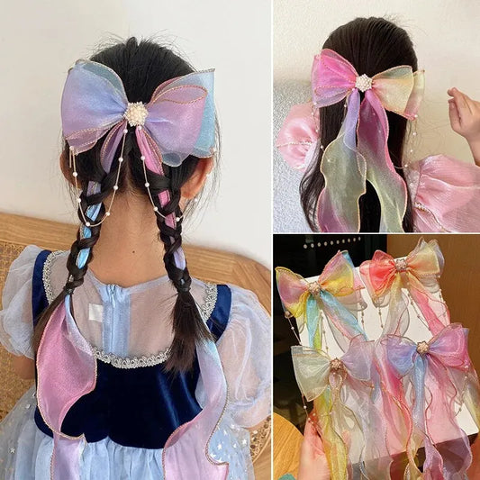 Elegant Creative Trendy Mesh Gradient Bow Tassel Hair Clips Decorative Hair Accessories For Holiday Party Girls Accessories