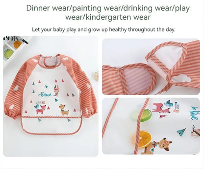 1Pcs Waterproof Eating Smock Infant Toddler Baby Cartoon Long Sleeve Art Apron Animal Smock Soft Baby Bib Burp Clothes