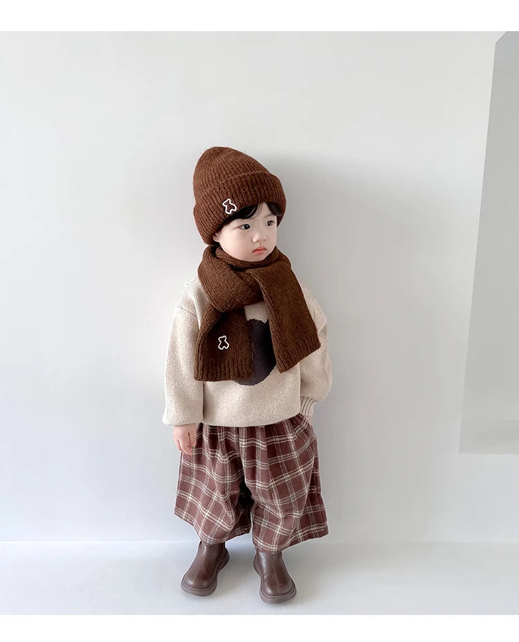 2024 New Fashion Warm Hat Scarf Set for Kids Boy Girl Chic Cartoon Bear Knitted Hat Scarf Autumn Winter Warm Beanie Scarf Set
