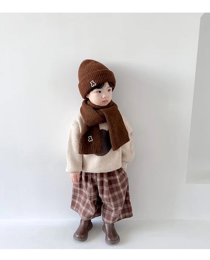 2024 New Fashion Warm Hat Scarf Set for Kids Boy Girl Chic Cartoon Bear Knitted Hat Scarf Autumn Winter Warm Beanie Scarf Set