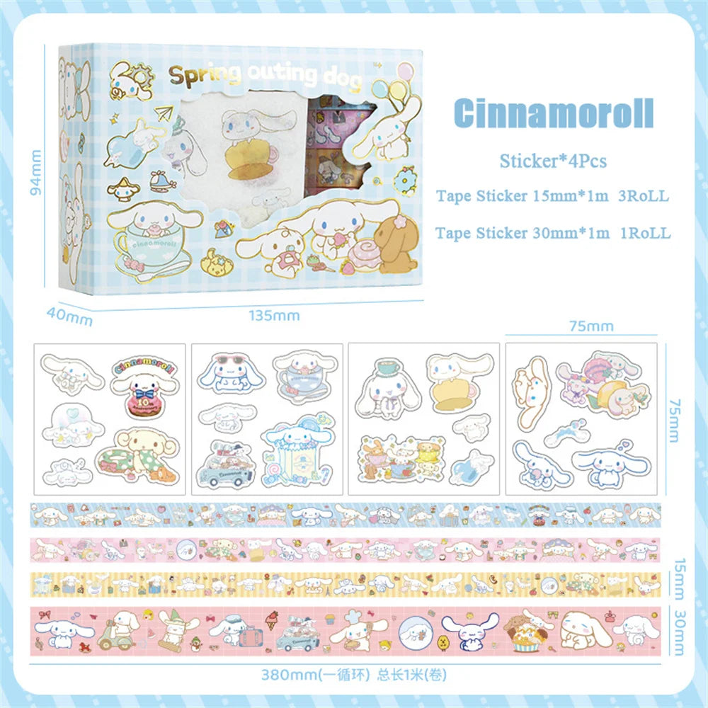Sanrio Hello Kitty Cinnamoroll Kuromi Sticker Roll Gift Box Cute My Melody Pompompurin Hand Acount Tape Stickers Decal Kids Toys