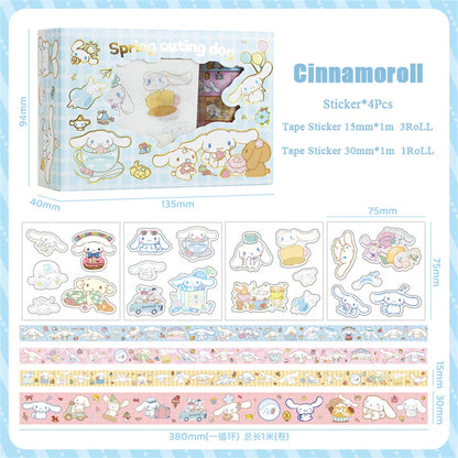 Sanrio Hello Kitty Cinnamoroll Kuromi Sticker Roll Gift Box Cute My Melody Pompompurin Hand Acount Tape Stickers Decal Kids Toys