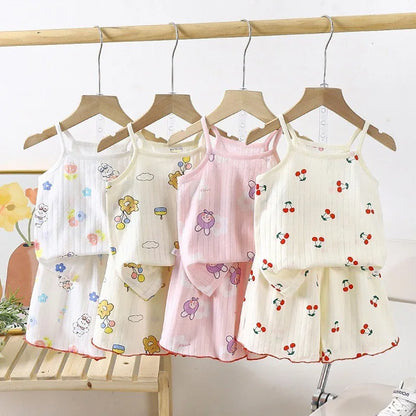 Summer Camisole Sling Tops+Shorts 2-Piece Set Girl's Soft Cotton Pajamas Fashion Cartoon Print Kids Home Clothes Casual Suit New