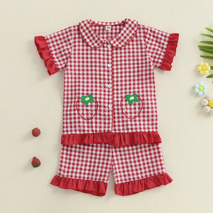 Girls Pajama Set with Cute Unicorn Print and Ruffle Trim Short Sleeve Tops and Shorts 2 Piece Lounge Suit Sleepwear for Kids