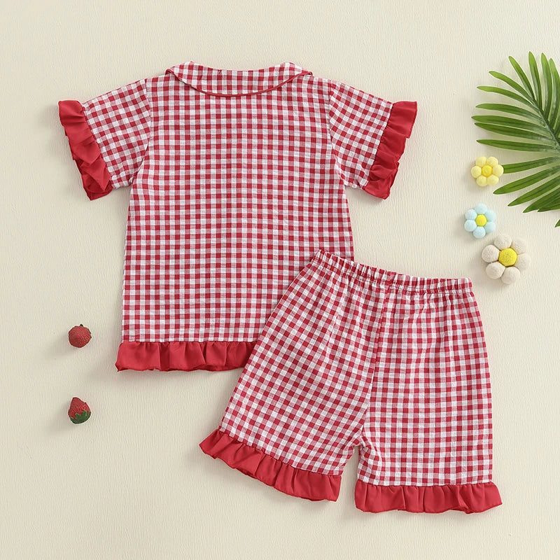 Girls Pajama Set with Cute Unicorn Print and Ruffle Trim Short Sleeve Tops and Shorts 2 Piece Lounge Suit Sleepwear for Kids